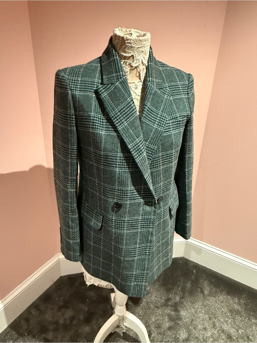 Maje Green Plaid Double-Breasted Blazer